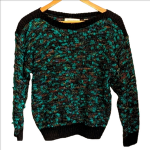 VINTAGE Green & Black Retro Casual Boucle Knit Crewneck Sweater Size Small